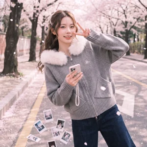 Autumn/Winter Casual Academic Style Loose Outerwear Korean Lazy Style Gray Fur Collar Hooded Knit Cardigan for Women