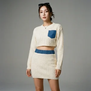 Women's 2 Pcs Set Denim Patch Design Knitted O-neck Short Pullover Elastic Waist Miniskirts Autumn New Fashion